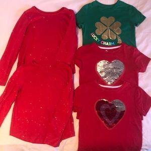 Lot Of 5 Girls Shirts. Red Valentine and Green St Patrick’s Day. Size 7/8